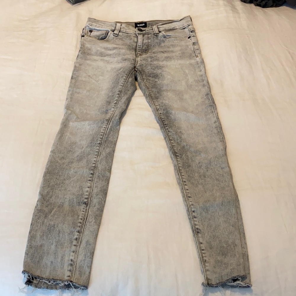 Hudson mid rise grey acid wash skinny ankle jeans